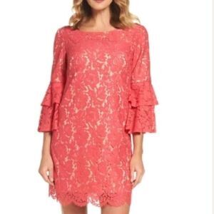 Eliza J Lace Overlay Bell Sleeve Dress Coral Sz 12
